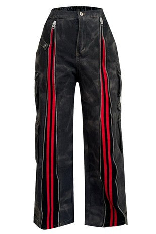 One Way Red Stripe Zipper Cargo Denim