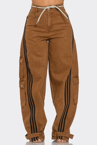Brown Denim Strip Cargo Jeans