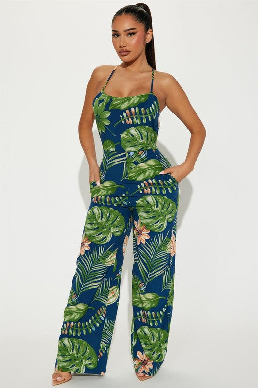Savanna Tropical Print Wide Leg Jumpsuit